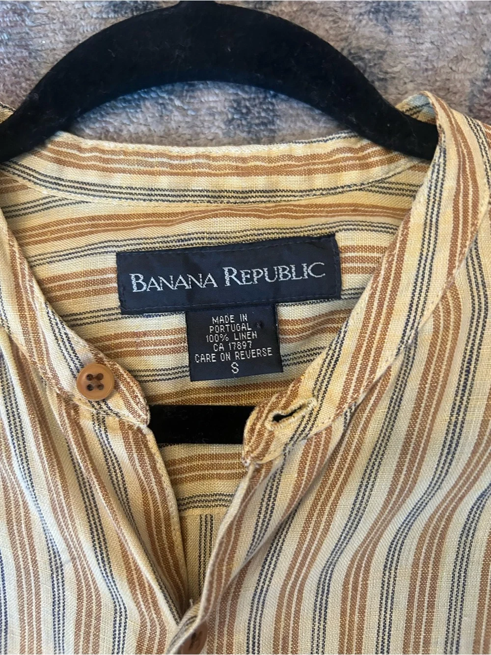 Banana Republic Men’s Striped Linen Shirt in Tan, Beige Navy Portugal Vintage S